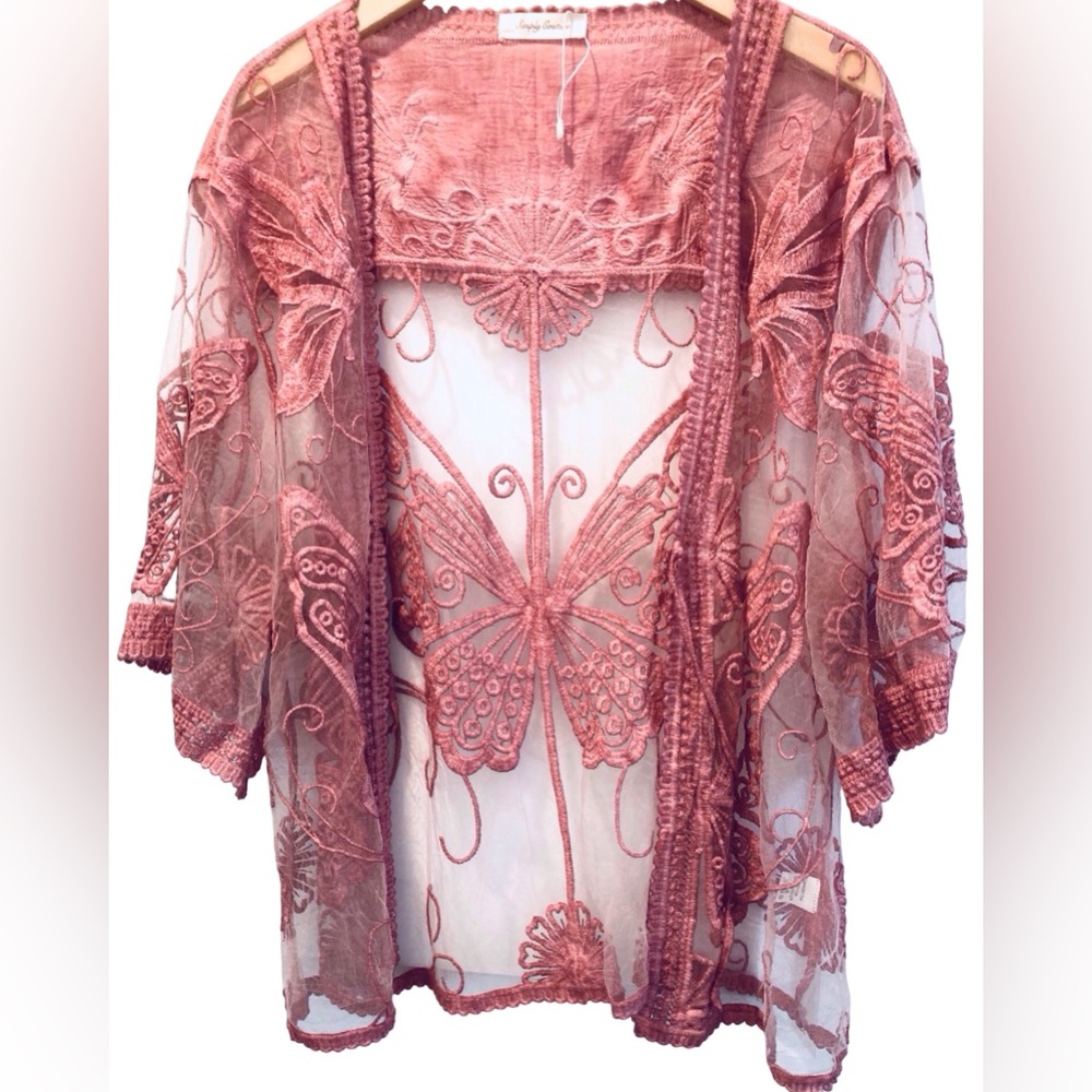 Simply Couture Butterfly Embroidered Sheer Mesh Kimono Cardigan Dusty Rose NWOT - Picture 5 of 6